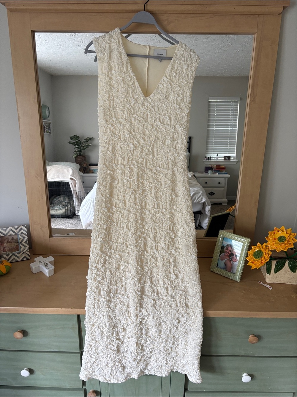 Reformation Cream Textured V-Neck Midi Dress